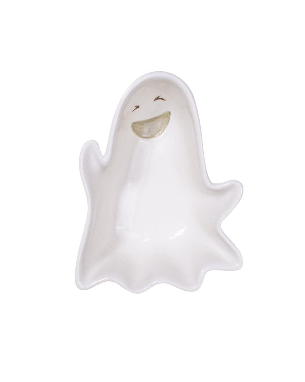 White ceramic ghost-shaped tidbit dish with a smiling face