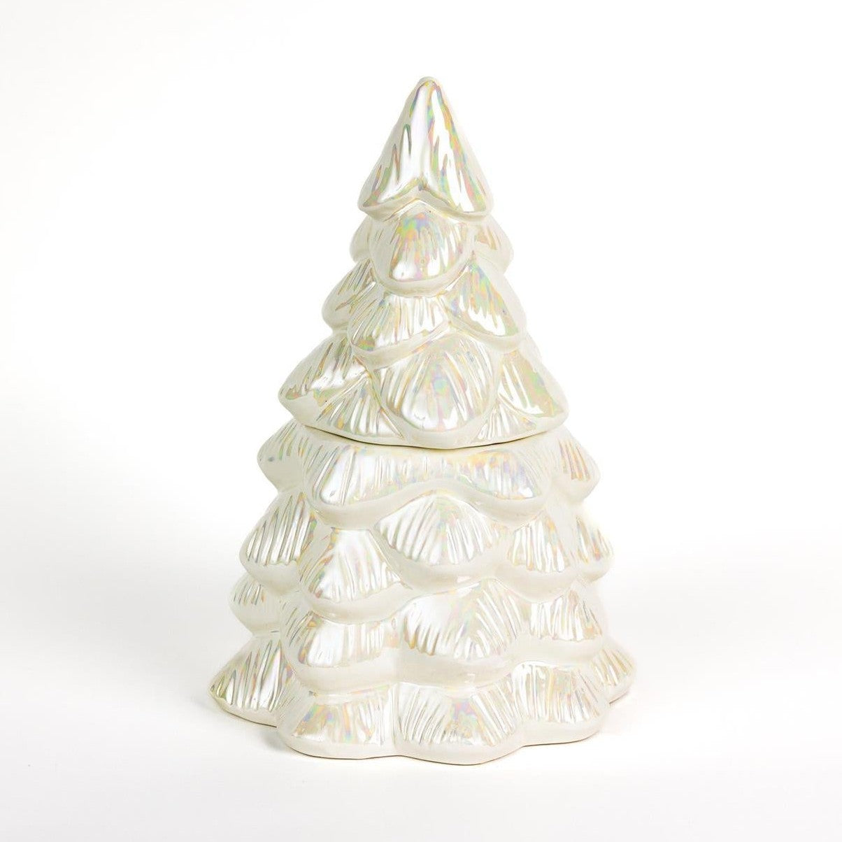 Decorative glass white ceramic Christmas tree on a white background