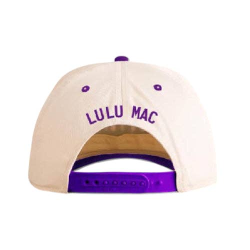 Cream baseball cap with purple embroidery and purple snapback closure