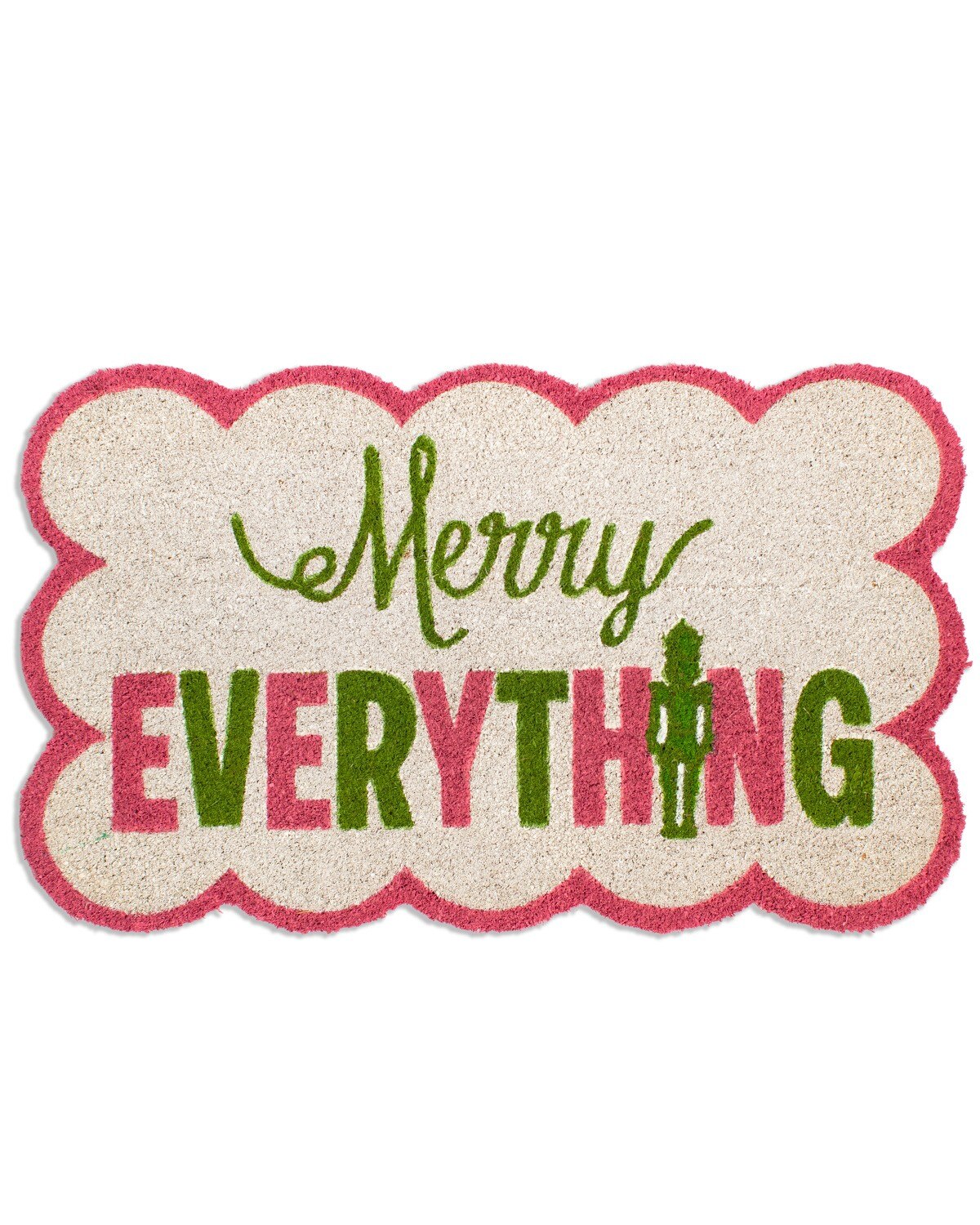 Scalloped edge doormat with Merry Everything text and a nutcracker icon