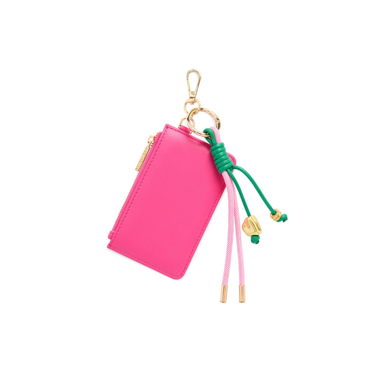 Pink zip card case bag charm with dangling charms