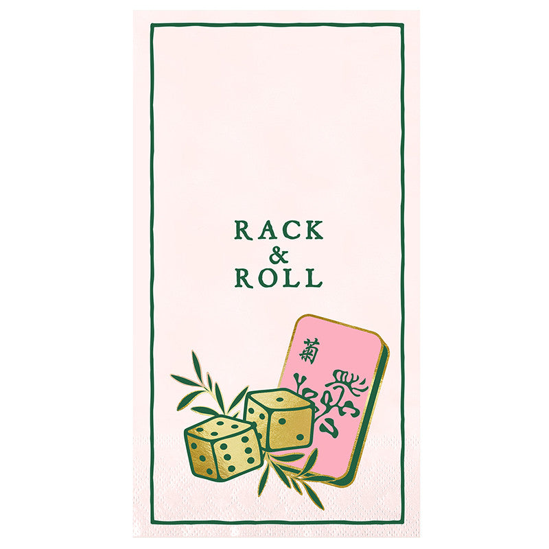 Guest napkin reading Rack and Roll with mahjong tiles and dice