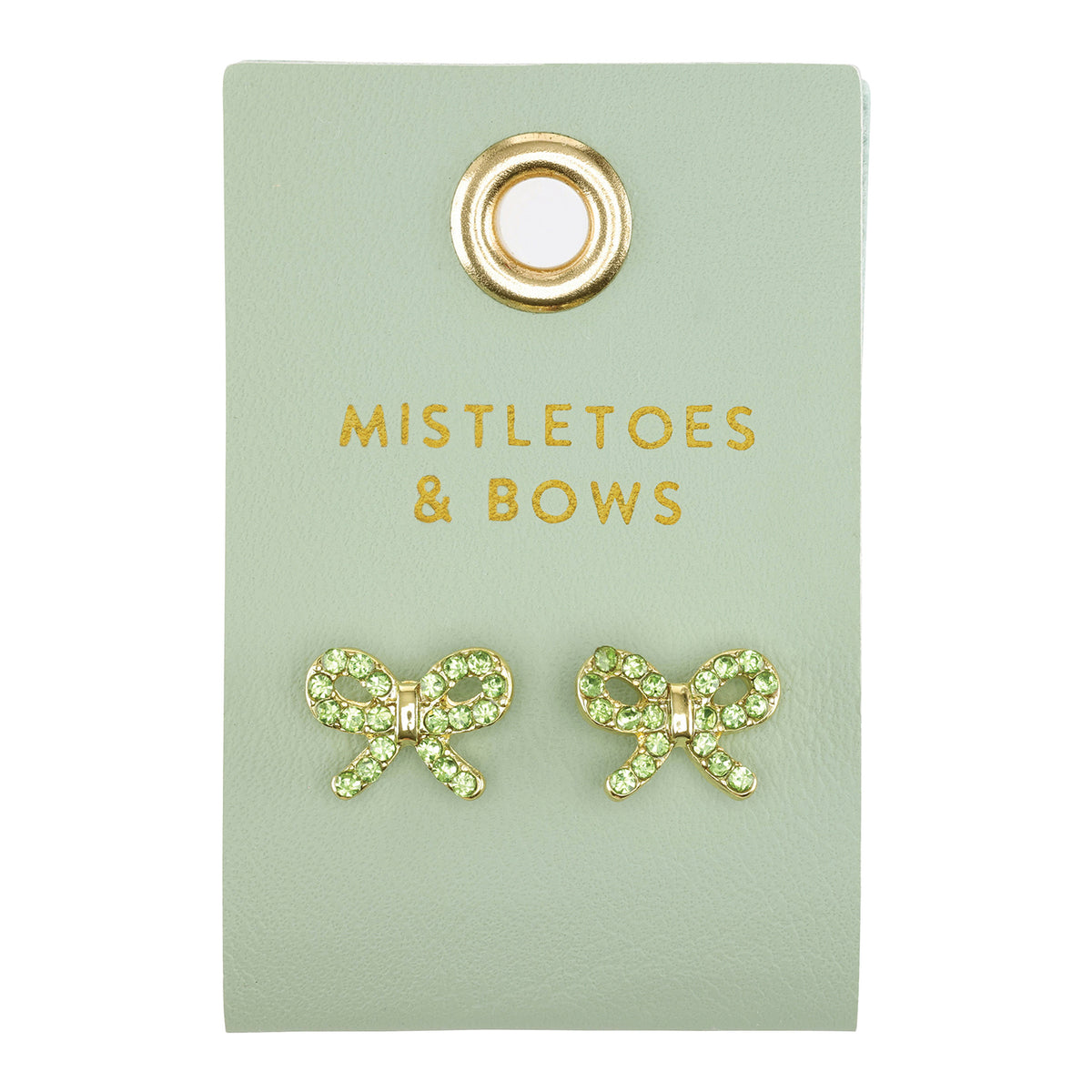 Green crystal bow stud earrings on a Mistletoes and Bows card