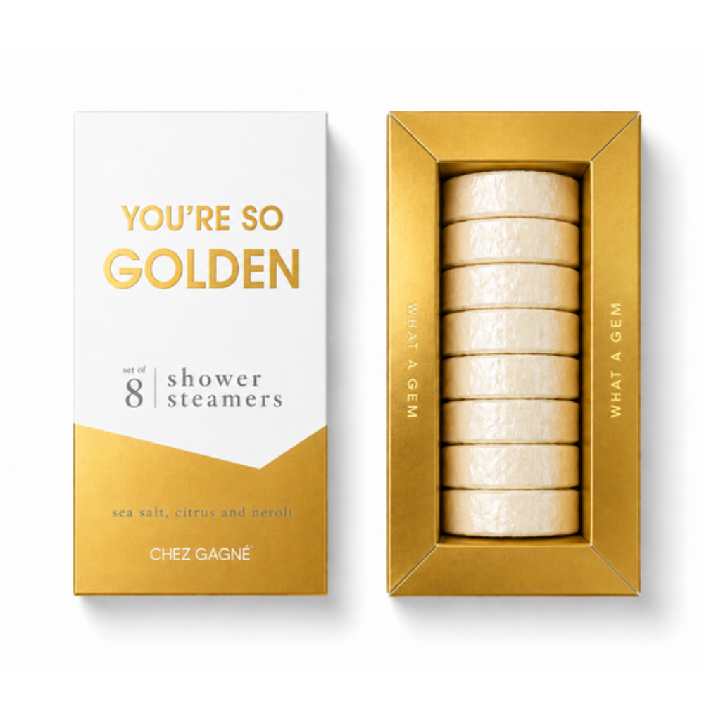 Chez Gagné "You're So Golden" gold box of 8 sea salt, citrus and neroli shower steamers, closed and open