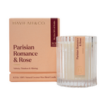 Parisian Romance and Rose scented candle in a ribbed glass jar with matching peach colored box