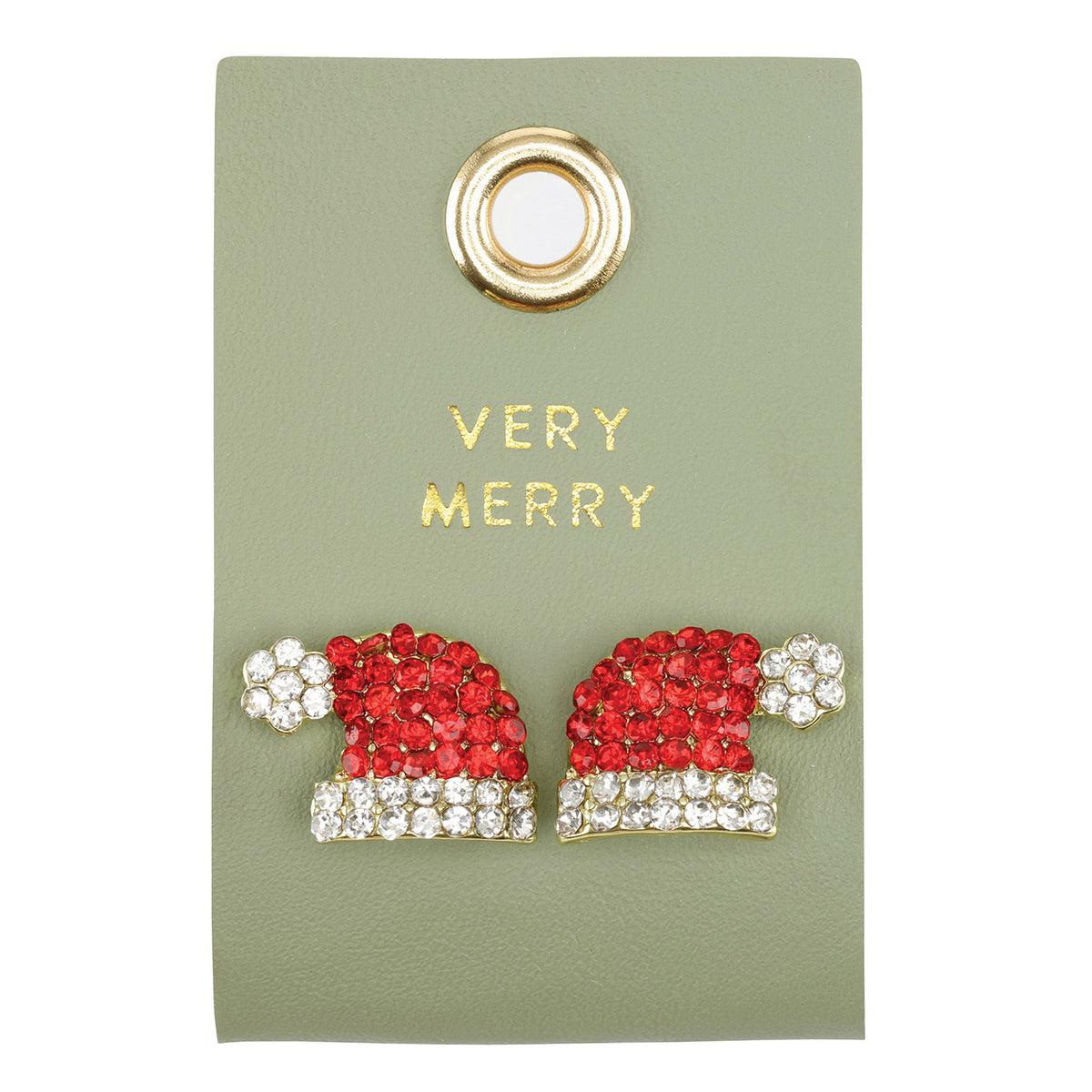 Red and clear crystal Santa hat stud earrings on a sage green card reading "Very Merry"