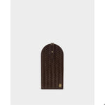 Woven leather accessory by Karl Lagerfeld featuring a dark brown finish, an arched silhouette with a snap-button strap, and a gold-tone KL monogram logo on a neutral studio background