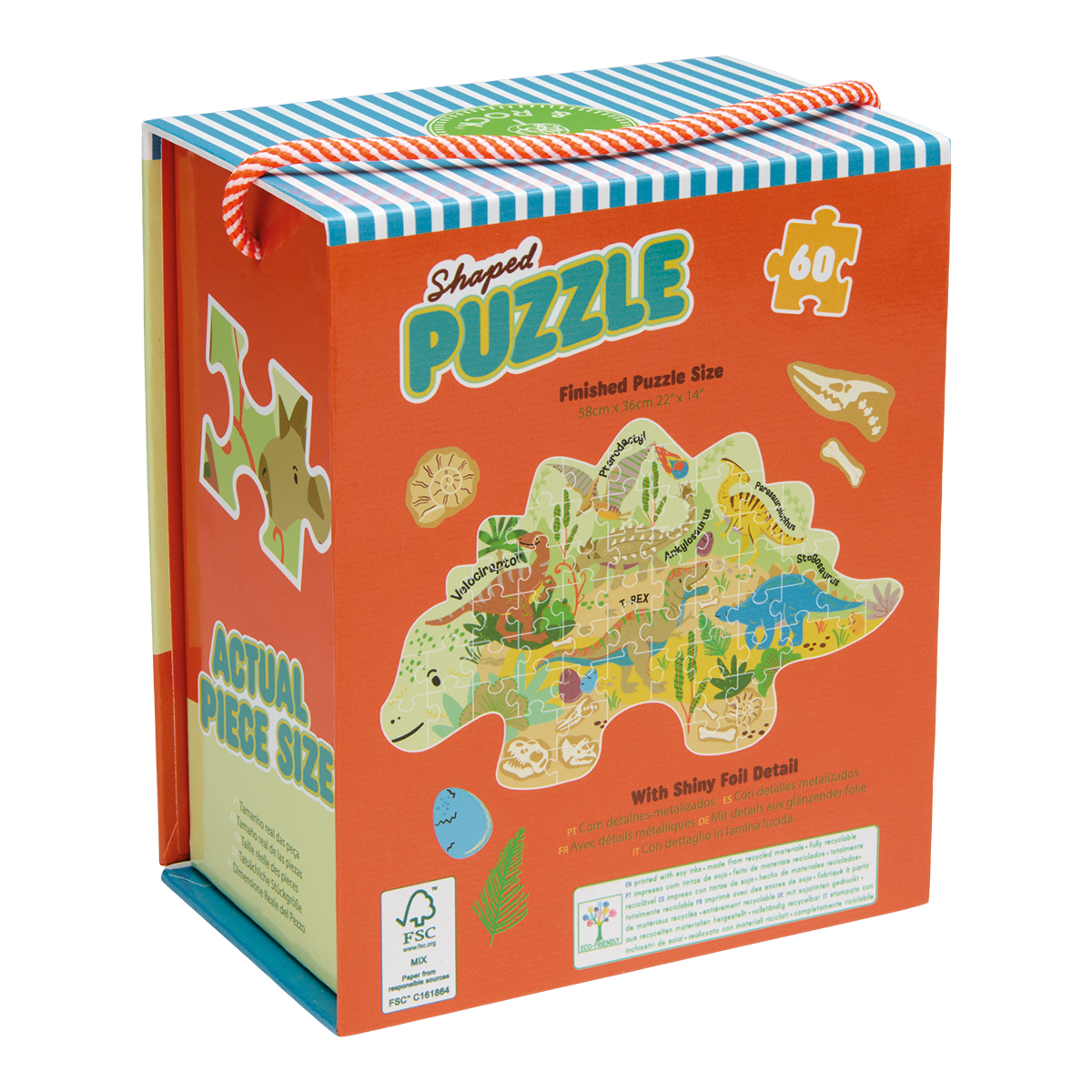 Printed cardboard packaging by Floss & Rock featuring a 60-piece dinosaur-shaped puzzle illustrated with prehistoric creatures in a jungle landscape including a vibrant orange-and-white striped rope handle and shimmering foil accents
