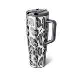 Tall BrüMate tumbler in silver and gray metallic leopard print with gray handle and lid closed