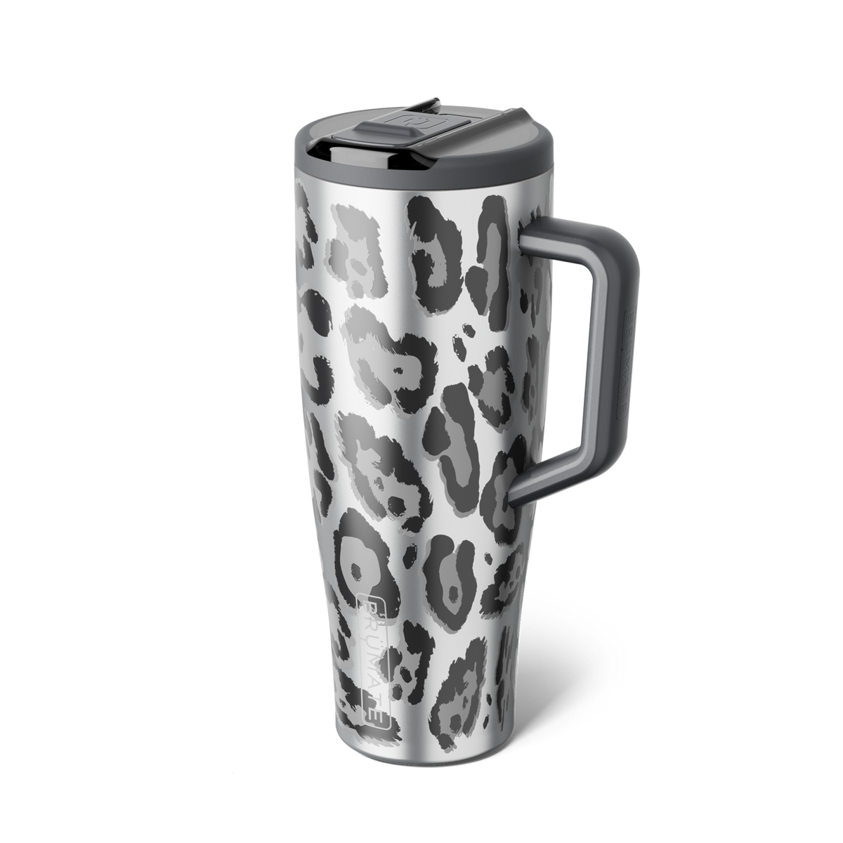 Tall BrüMate tumbler in silver and gray metallic leopard print with gray handle and lid closed