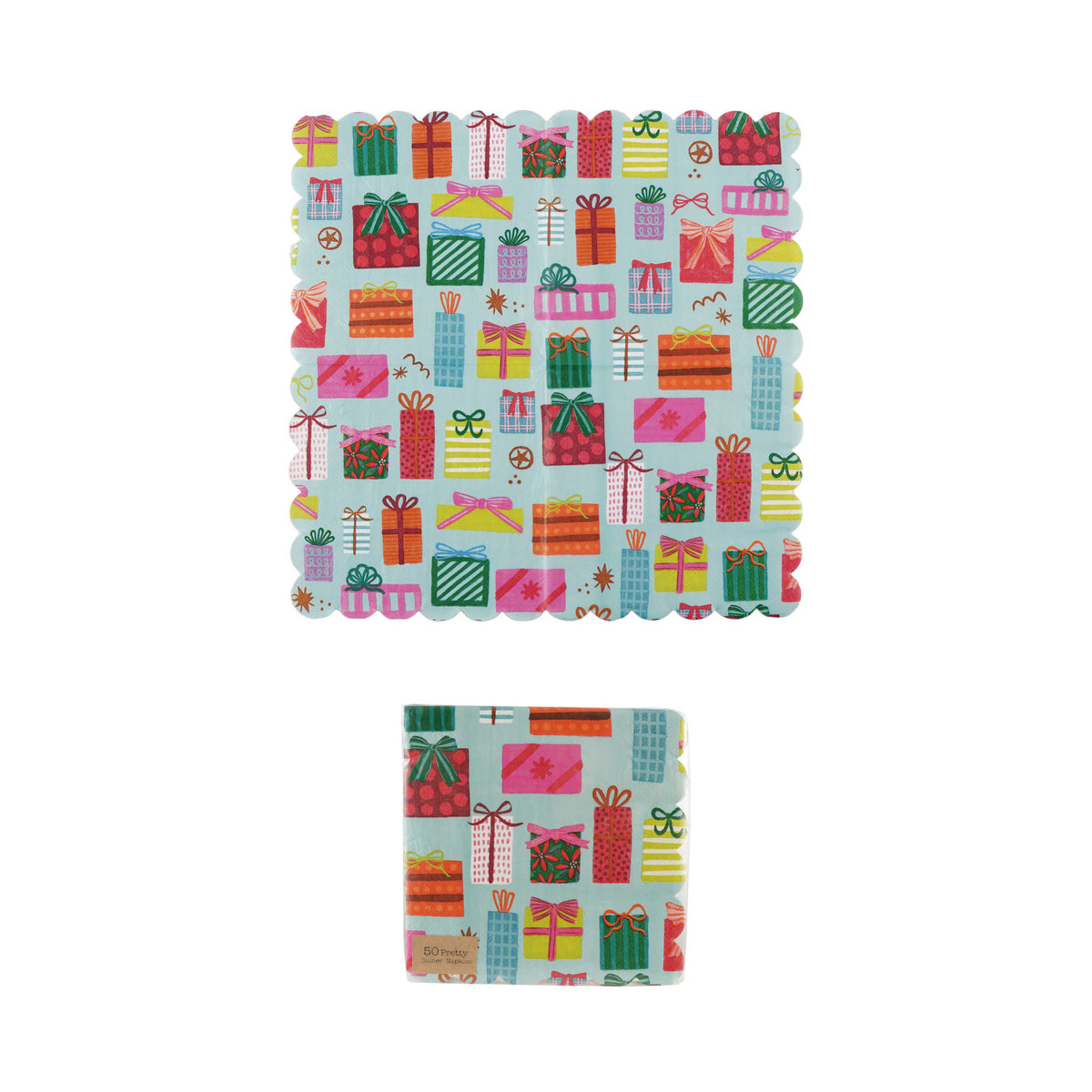 Scalloped dinner napkins printed with colorful presents in a gift box