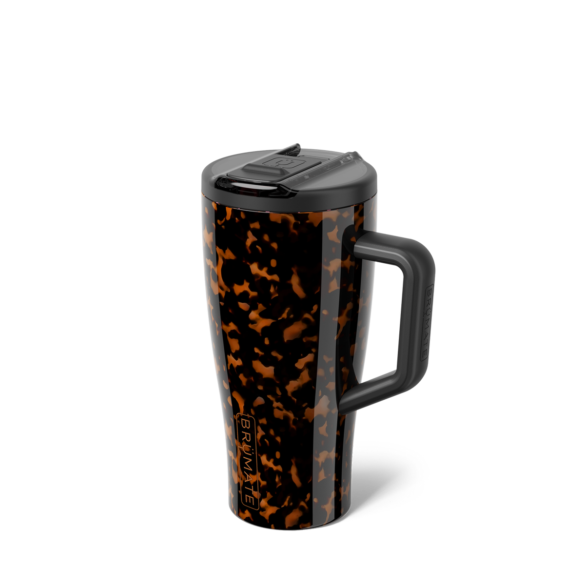 Tortoiseshell BrüMate tumbler with flip lid closed