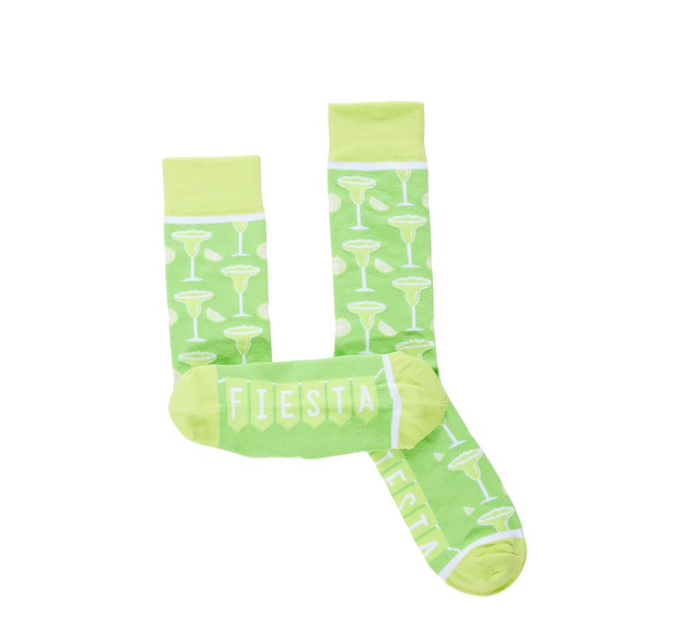 Light green crew socks with margarita glass and lime slice pattern and the word Fiesta on the foot