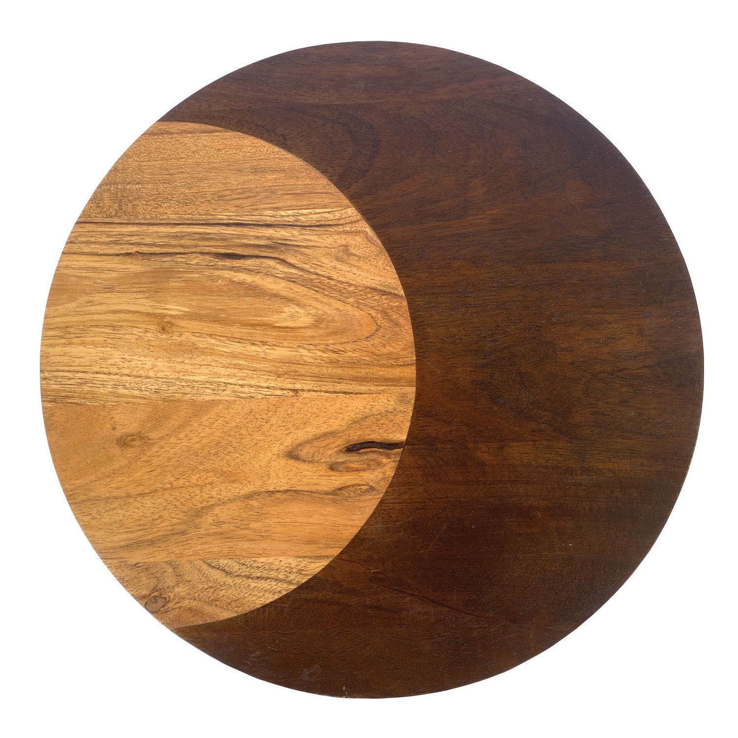 Round wooden serving board with light and dark wood crescent pattern