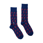 Pair of navy blue crew socks with a repeating red lobster pattern