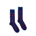 Navy blue crew socks with a repeating red lobster pattern