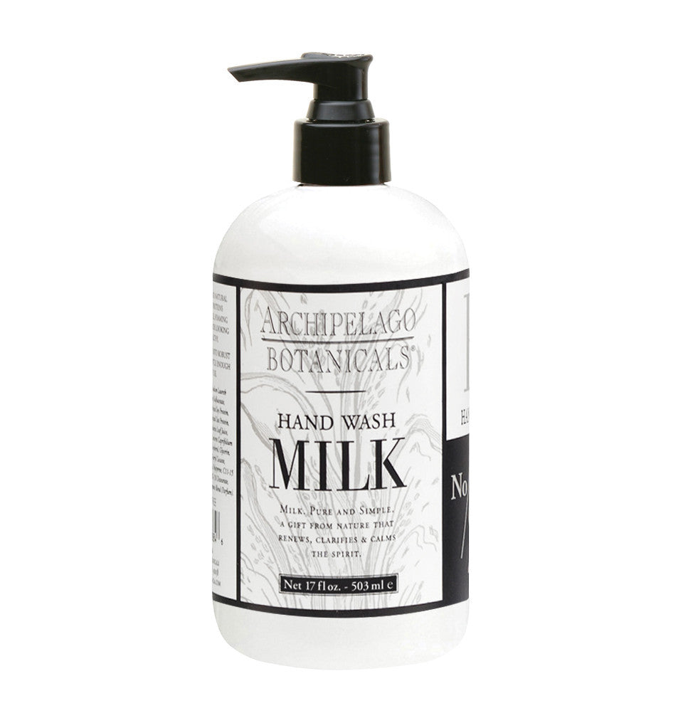 White bottle of Archipelago Botanicals Milk hand wash with black pump dispenser