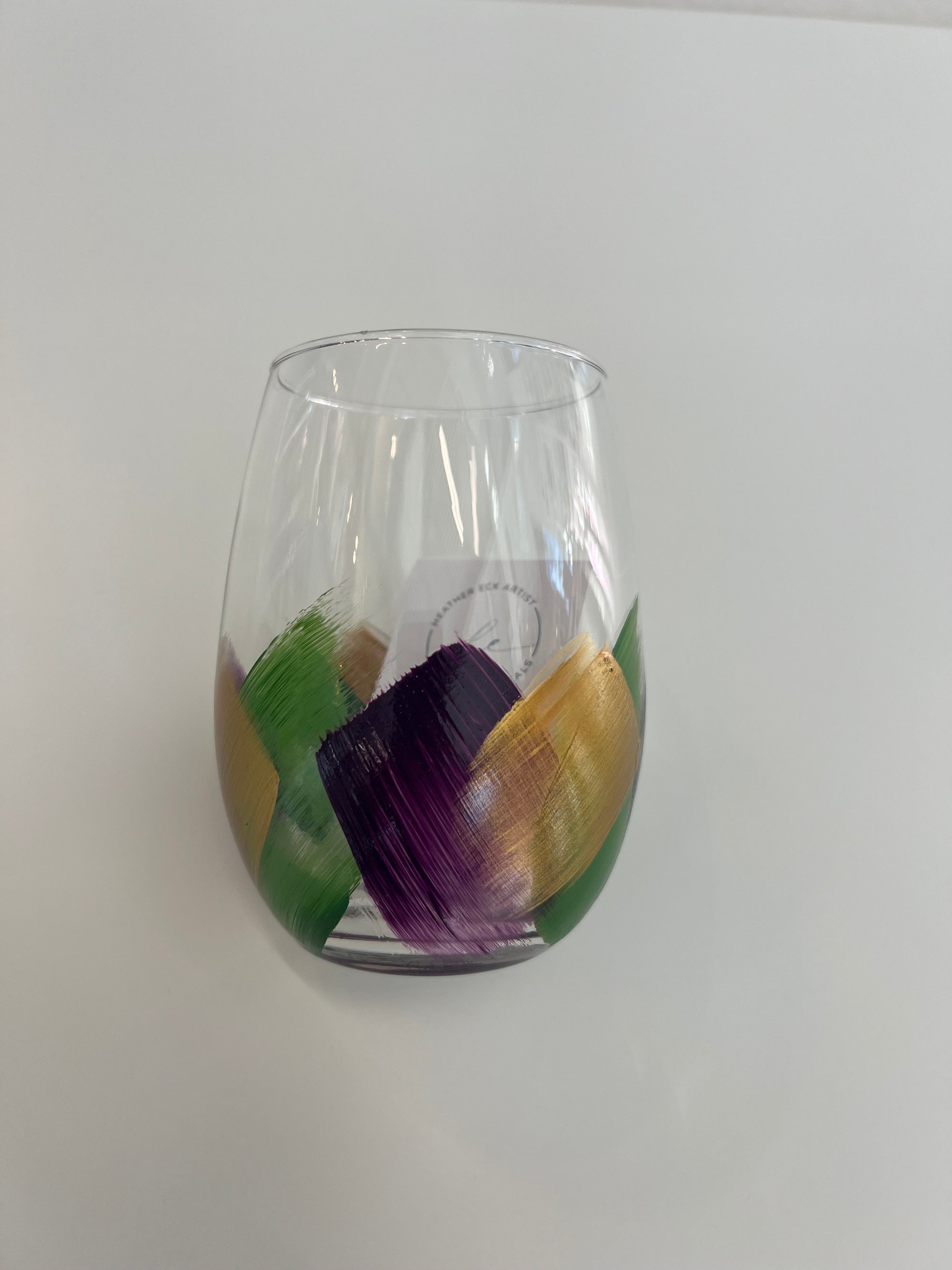 Hand-Painted Stemless Wine Glass- Mardi Gras