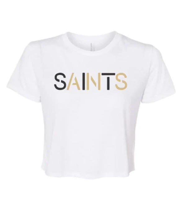 White short sleeve crop top with Saints printed in alternating black and gold letters