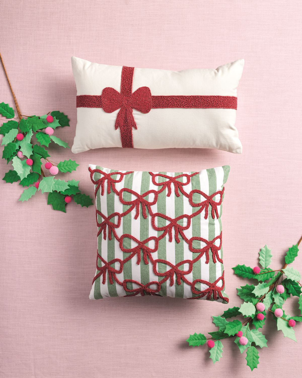 Beaded bow lumbar pillow and striped bow pillow styled with holly