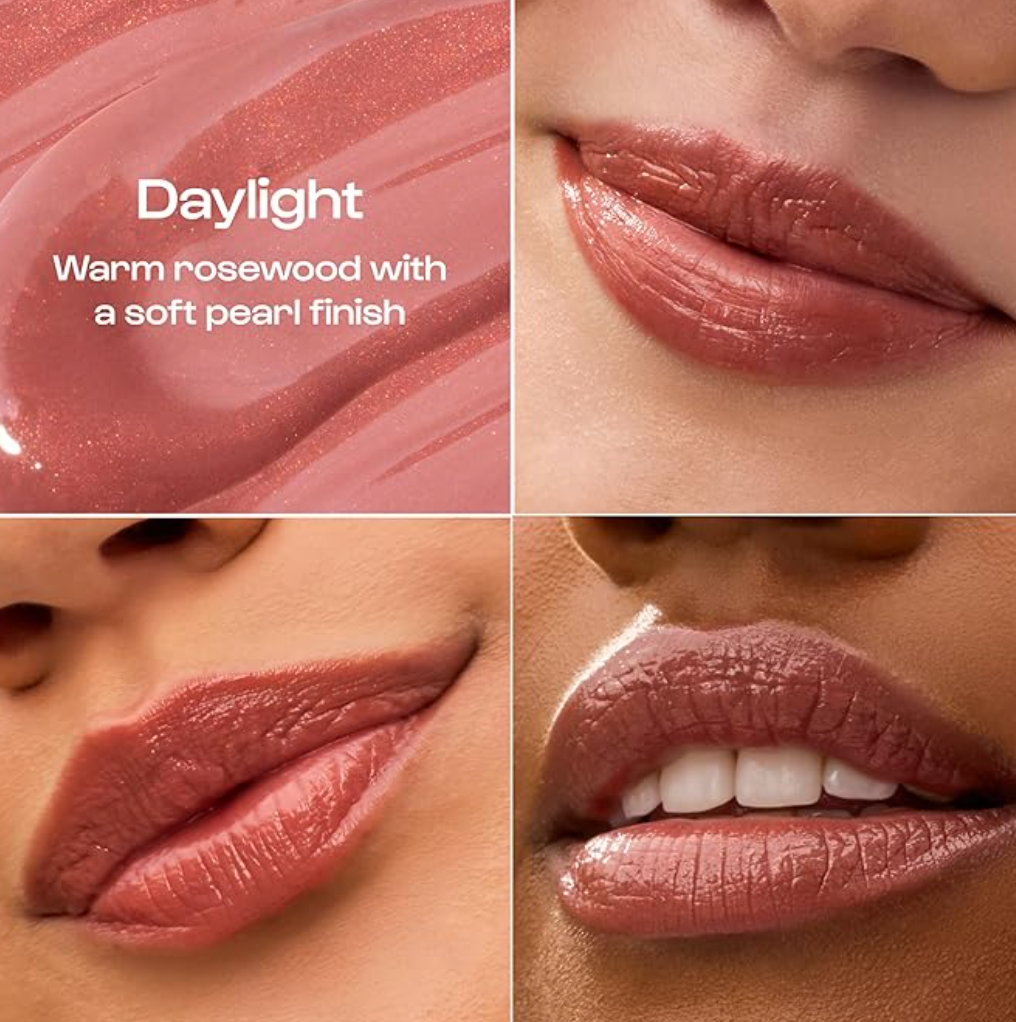 Lipstick shade 'Daylight' with close-up on lips and texture swatch.