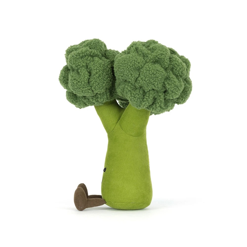 Plush broccoli toy with textured green florets and a smooth light green stalk with small brown feet