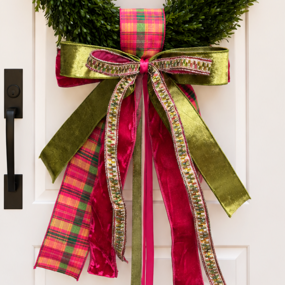 Bow of olive velvet, magenta velvet, pink and green plaid and woven trim ribbons on a boxwood wreath
