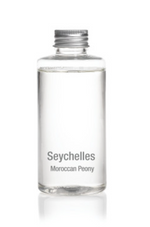 Clear bottle of fragrance oil with a silver cap labeled Seychelles Moroccan Peony