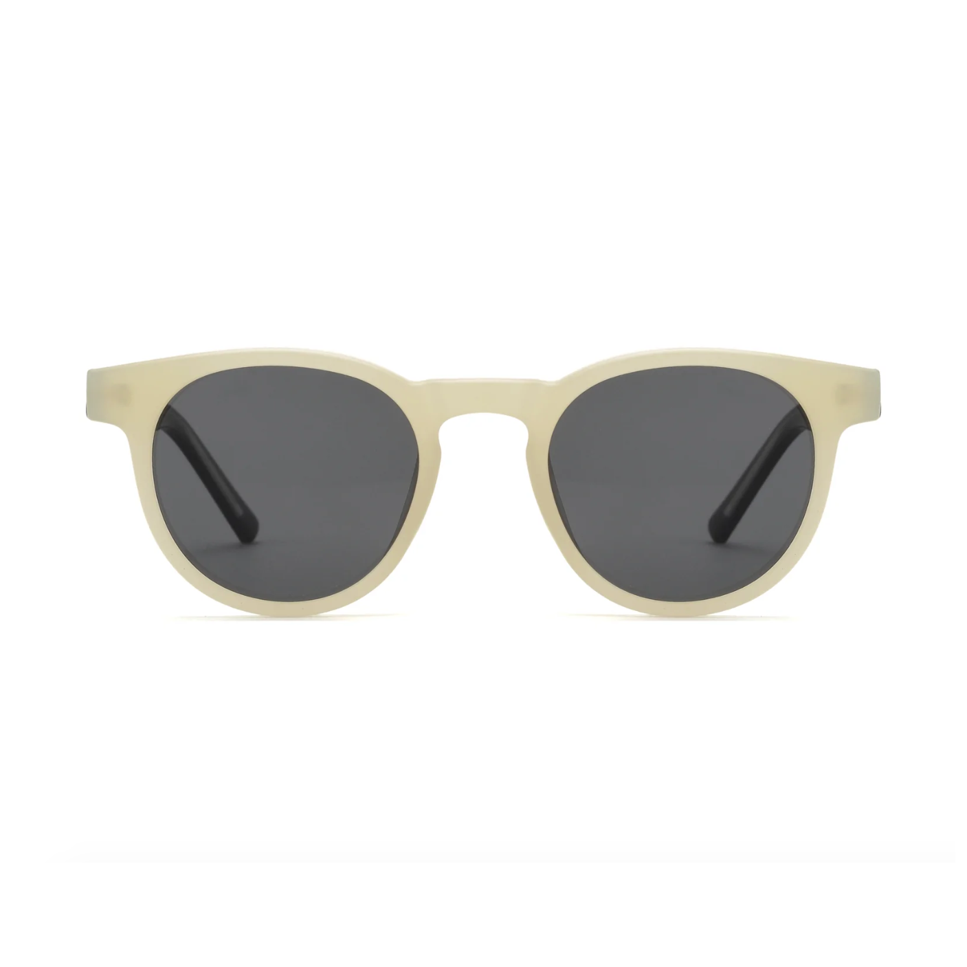 Beige sunglasses with dark lenses on a white background