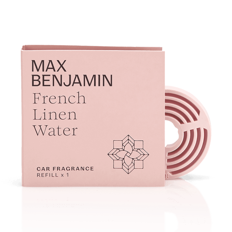 Max Benjamin French Linen Water car fragrance refill box and circular silicone insert