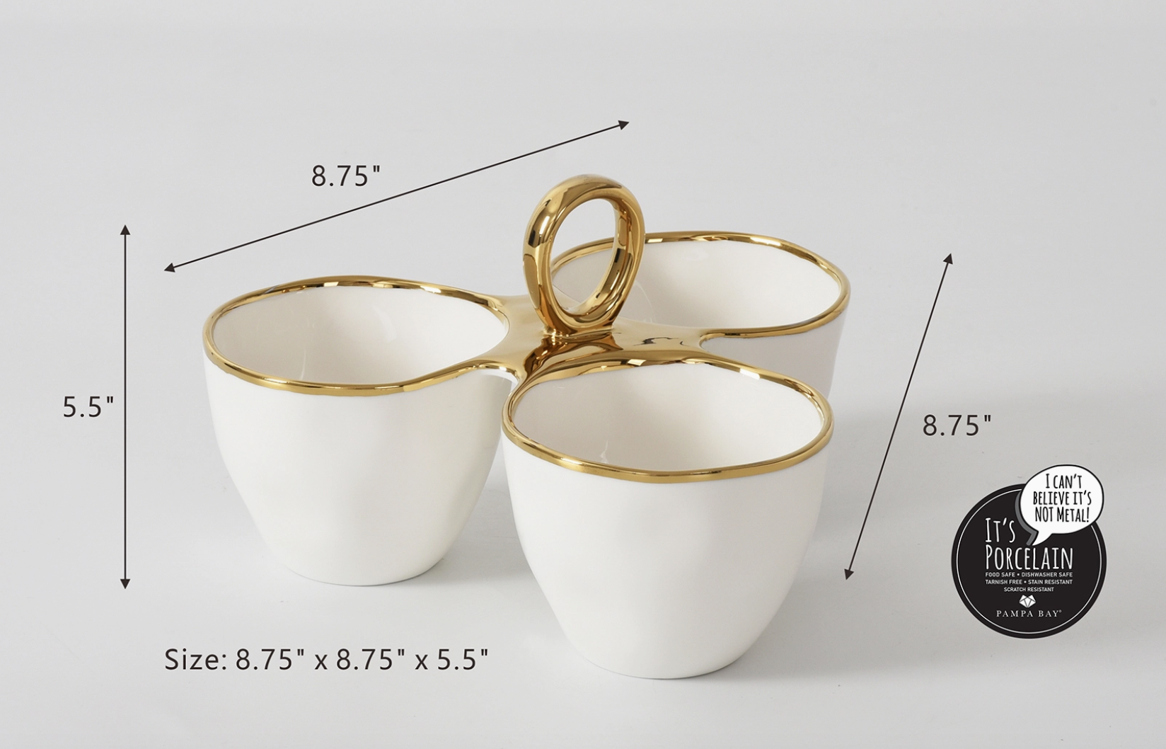 Pampa Bay porcelain three-section white serving dish with elegant gold rims and a bold central gold handle designed to resemble metal