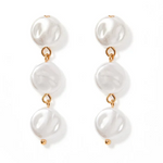A pair of elegant drop earrings featuring three lustrous irregular white coin pearls connected by delicate gold-tone links