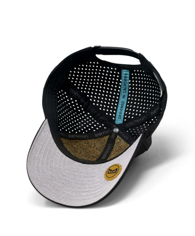 Underside of a black melin cap showing the gray brim and liner