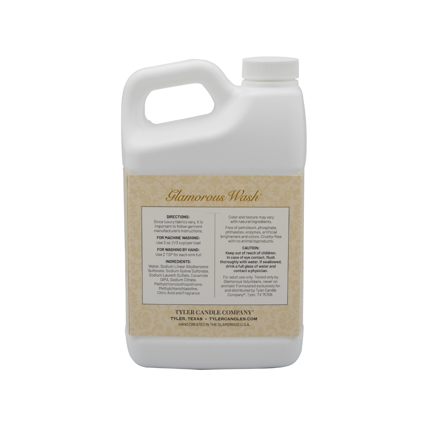 White plastic jug of Glamorous Wash laundry detergent with product label showing directions and ingredients