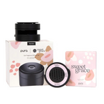 PURA Sweet Grace car diffuser set, including a black diffuser with a floral design, a packaging box with the product name and image of the diffuser, and a pouch with the same design.
