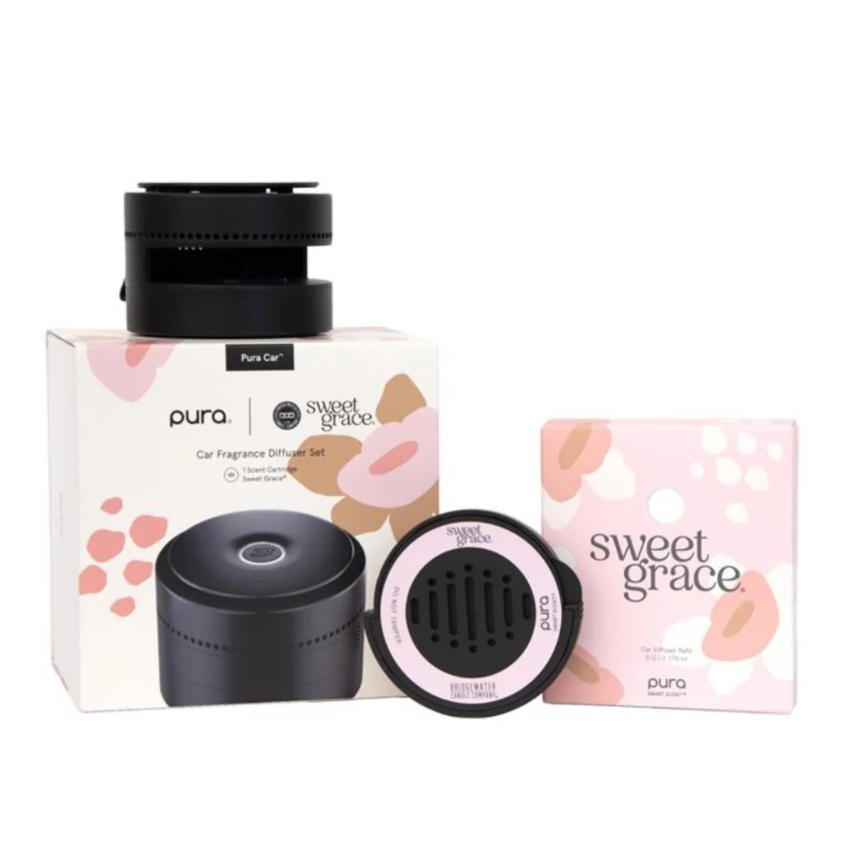 PURA Sweet Grace car diffuser set, including a black diffuser with a floral design, a packaging box with the product name and image of the diffuser, and a pouch with the same design.