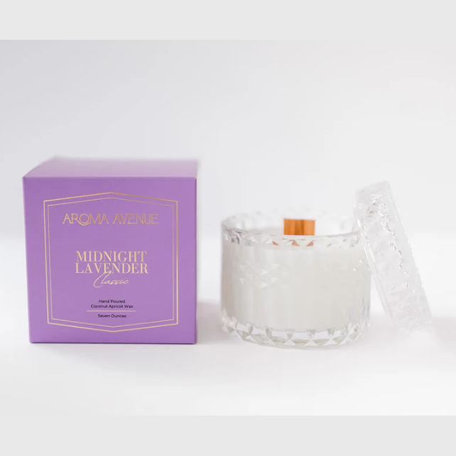 Aroma Avenue Midnight Lavender candle and packaging on a white background