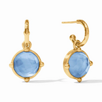 Gold hoop earrings with round blue faceted stone charms
