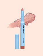 Light blue eyeshadow stick with a guava pink swatch behind it