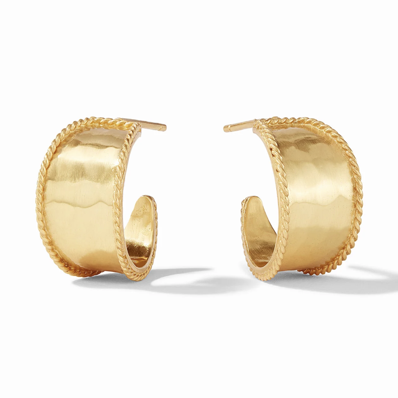 Gold hoop earrings with a hammered texture and rope edge detail