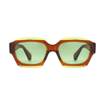 Sunglasses with a tortoiseshell frame and green lenses on a white background