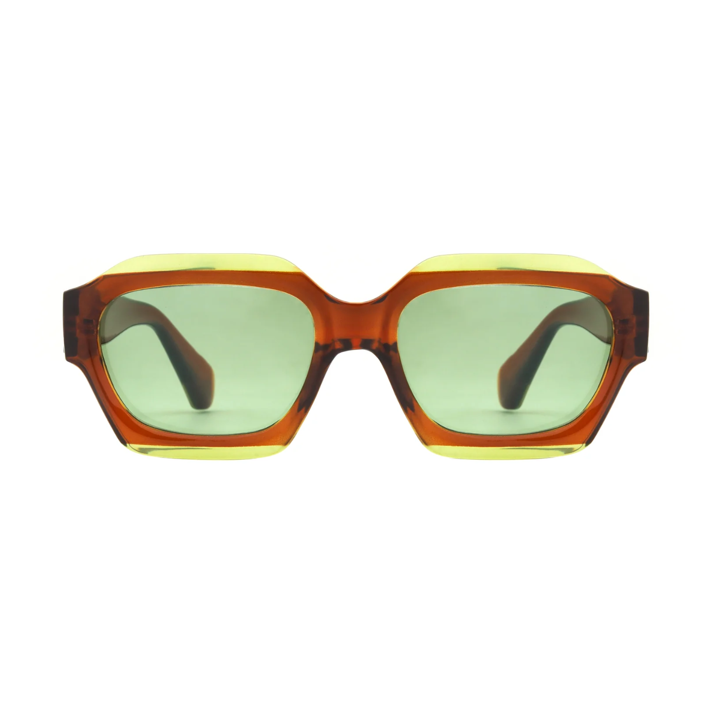 Sunglasses with a tortoiseshell frame and green lenses on a white background