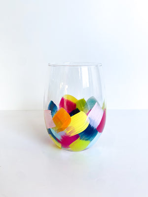 Hand-Painted Stemless Wine Glass- Colorful