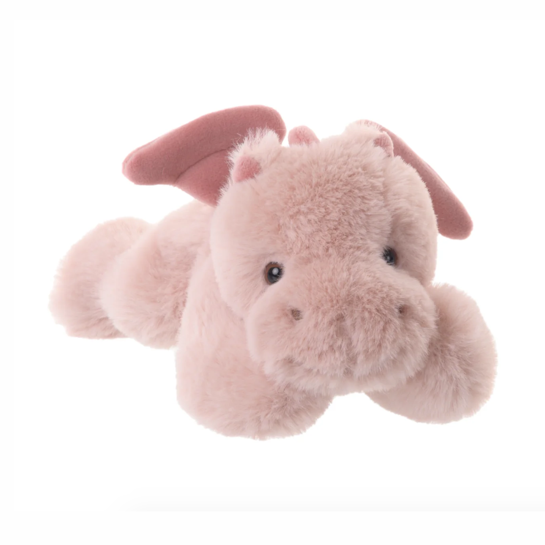 Pink plush dragon toy on a white background