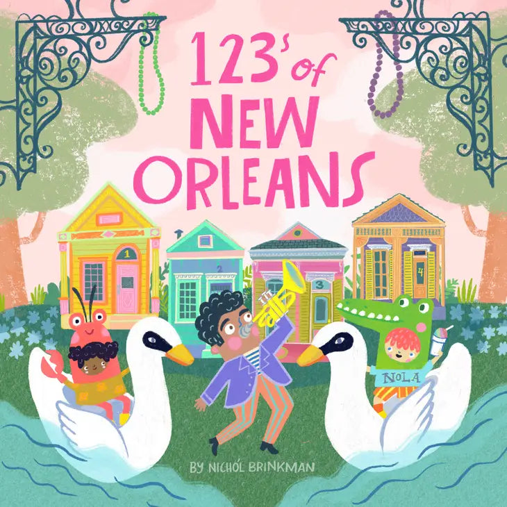 Cover of the book 123's of New Orleans by Nichol Brinkman. Featuring swans, crawfish, an alligator and a trumpet player with the background of New Orleans