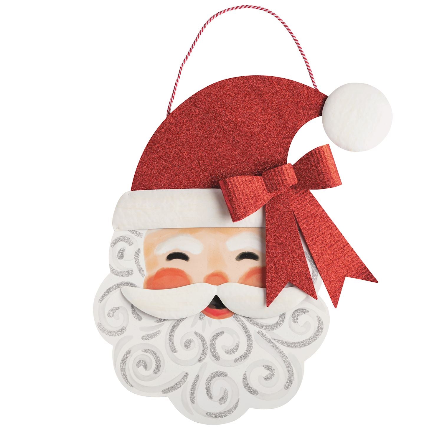 Painted metal wall hanging of a vintage-style Santa Claus head featuring a prominent red glittery bow, a white curly beard with silver glitter accents, and a red and white striped baker's twine for suspension