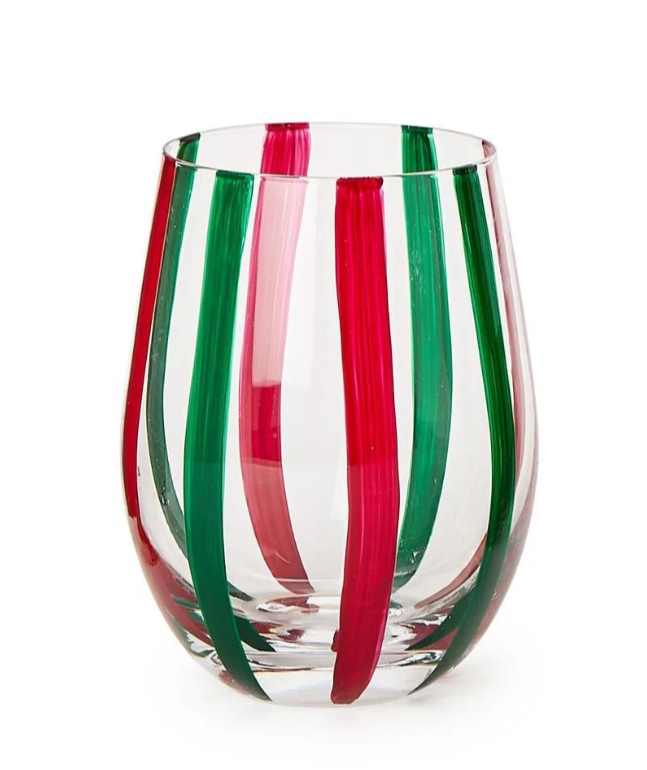 Red & Green Stripe Stemless Wine Glass