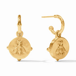 Gold hoop earrings with bee coin charms