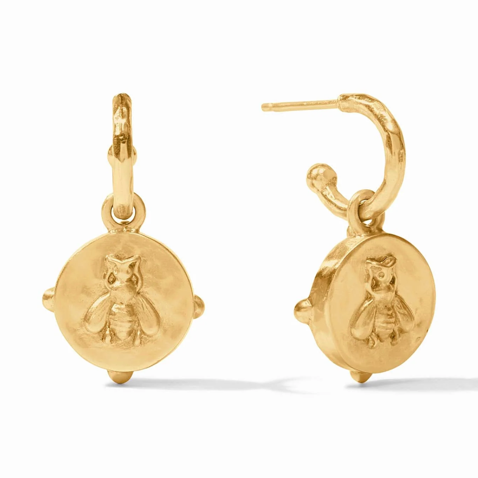 Gold hoop earrings with bee coin charms