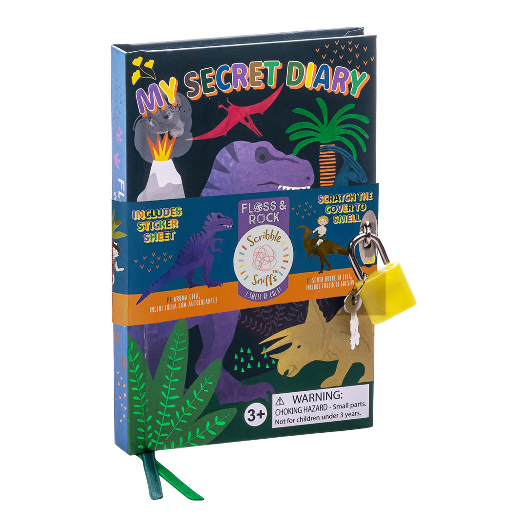 Floss & Rock "My Secret Diary" with dinosaur cover, yellow padlock and green ribbon